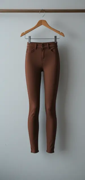 Slim-fit brown leggings with a buttoned waist and classic pocket design.