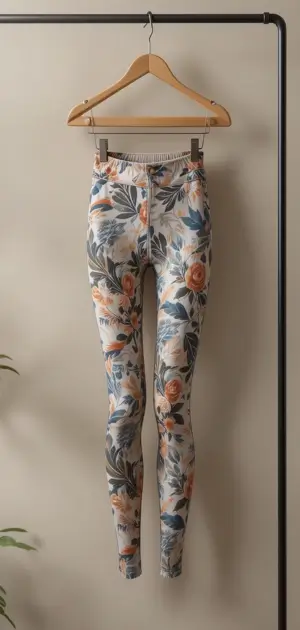 High-waisted beige leggings featuring a muted floral print.