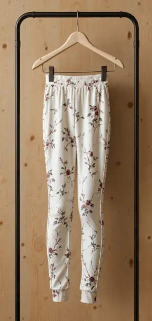 Cream leggings with small floral details and an elastic cuffed hem design.