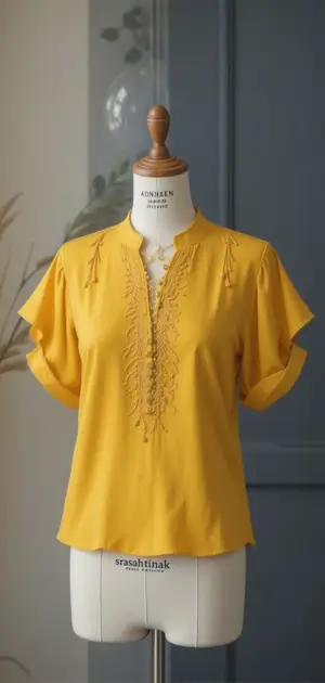 A vibrant yellow blouse with delicate embroidery along the neckline, perfect for casual wear.