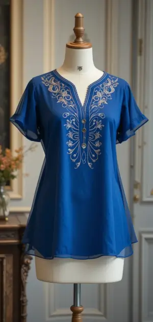 Flowy blue embroidered blouse with a relaxed fit and short sleeves.