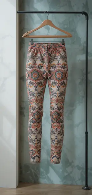 Beige leggings with a vibrant, symmetrical bohemian print.