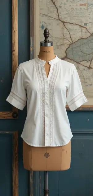 Short-sleeve white cotton blouse with lace and button-down front.