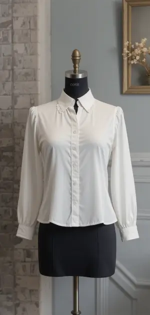 White blouse with puffed sleeves and a collared neckline, perfect for an office setting.