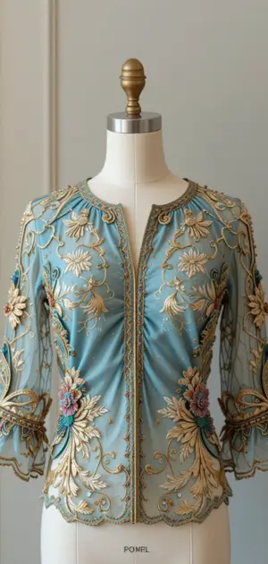 A light blue blouse with floral embroidery and sheer details offers a graceful, feminine style.