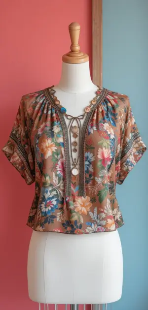 Brown floral silk blouse with short sleeves and decorative buttons.