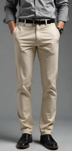Man in beige dress pants with a gray dress shirt and black shoes.