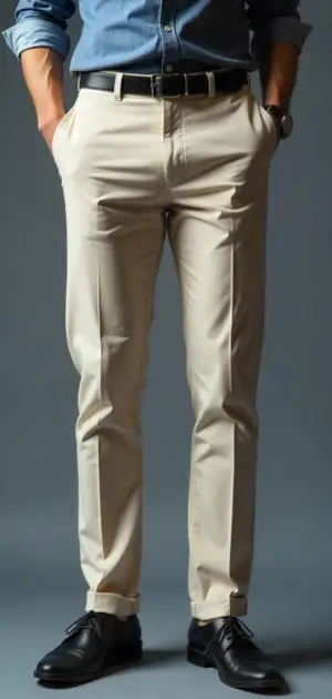 Grayscale image of a man in light-colored chinos with a dark shirt and sneakers