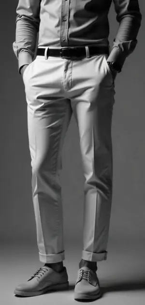 Man in beige trousers with a blue dress shirt and black shoes