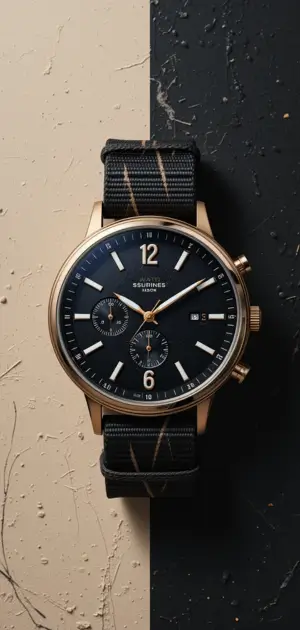 A stylish black and gold chronograph watch with a rugged NATO strap.
