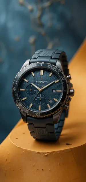 A modern blue chronograph watch featuring gold accents and a textured dial.