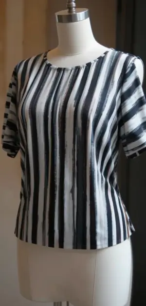 A black-and-white vertical striped blouse with short sleeves and a relaxed fit.
