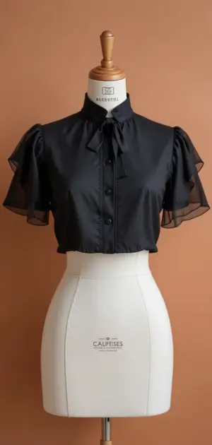 Black satin blouse featuring a bow collar and sheer flutter sleeves.