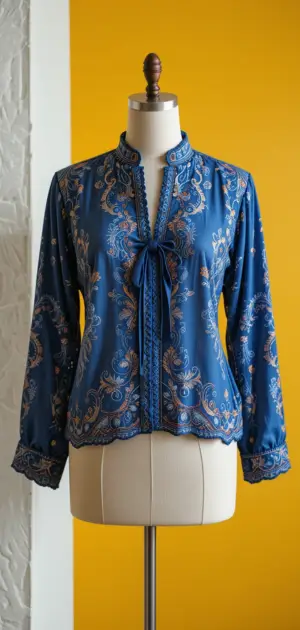 Elegant blue paisley blouse with a high neckline and front bow detail.