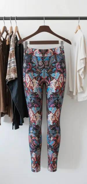 Colorful high-waisted leggings with a detailed boho floral and paisley pattern.