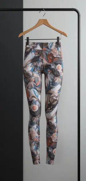 Dark-toned leggings featuring abstract, swirling artistic prints.