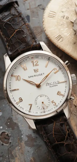 Classic watch with cream dial, gold-tone numerals, and brown strap.
