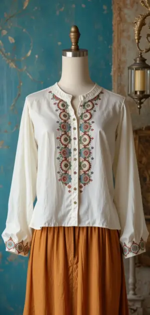 White cotton blouse with long sleeves and intricate stitched details.