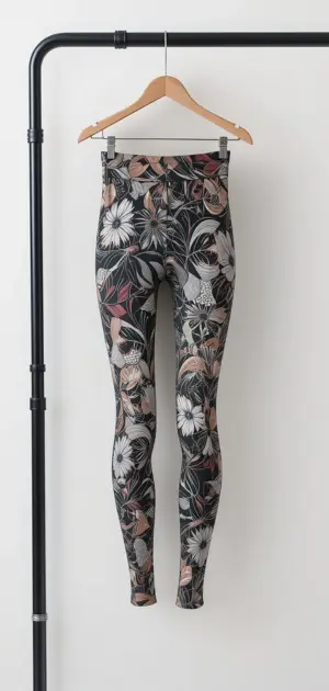 Black high-waisted leggings featuring a soft floral pattern in earthy tones.