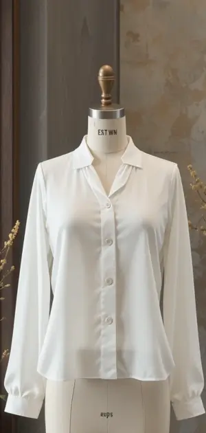 Long-sleeve white blouse with buttons and a structured, elegant fit.