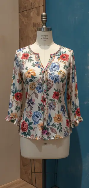 A white floral blouse with colorful flowers, buttons, and long sleeves.