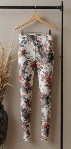 High-waisted white leggings with a striking black and red floral print.
