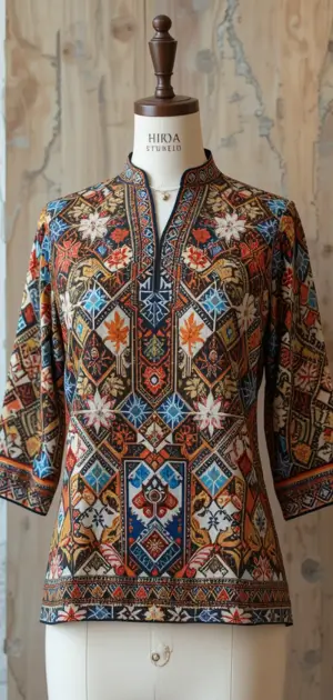 Multicolored tunic with intricate geometric and floral patterns.