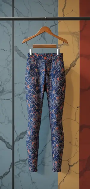 Navy leggings with an abstract geometric pattern hanging on a hanger.