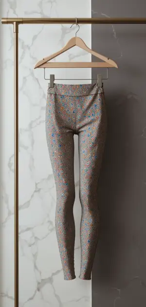 High-waisted beige leggings with a multicolored paisley pattern.