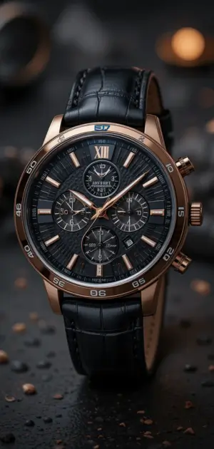 A luxurious rose gold chronograph watch with a detailed black dial.