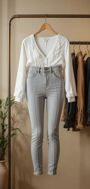 Slim-fit grey jeggings styled with a classic white blouse.