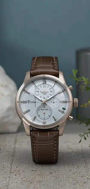 White chronograph watch with silver details and a rich brown leather strap.