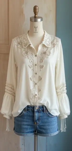 A delicate ivory blouse with floral embroidery, puffed sleeves, and ties.