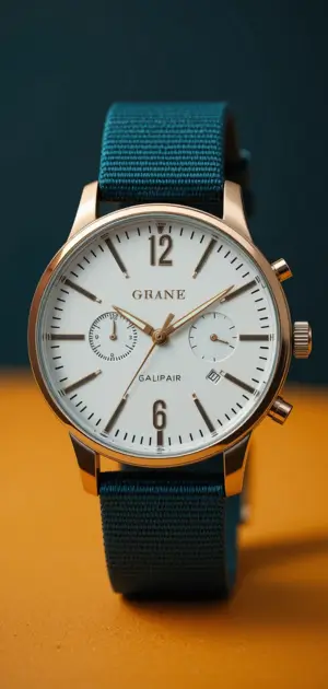 A sophisticated gold wristwatch with a white dial and a textured blue nylon strap.