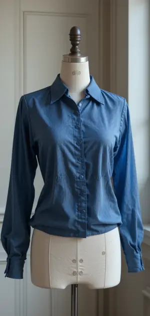 Blue blouse with subtle detailing and button-down design, ideal for professional settings.