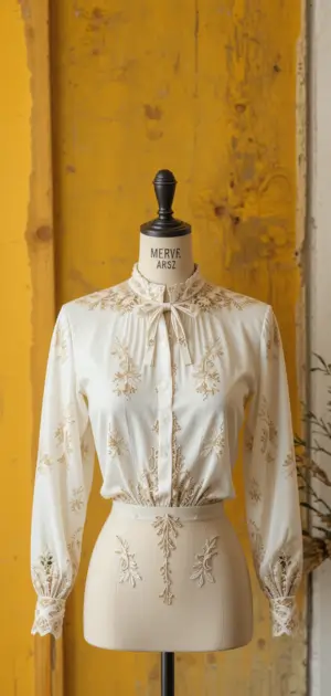 For a soft, elegant style, a white blouse featuring floral embroidery and a bow tie collar.