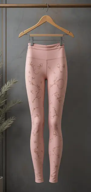 Soft pink leggings featuring intricate floral line patterns.