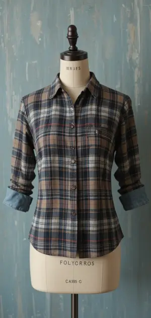 A navy and brown plaid blouse with a structured fit and rolled denim cuffs.