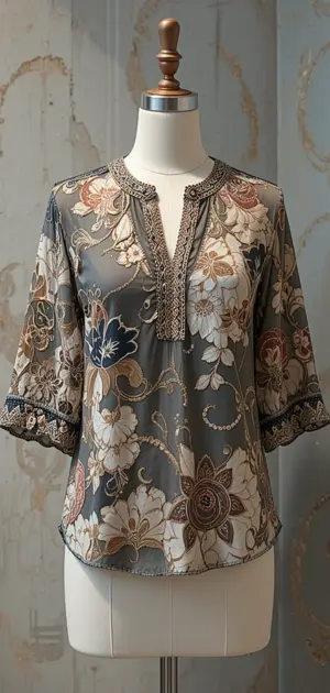 Dark floral polyester blouse with lace details and three-quarter sleeves.