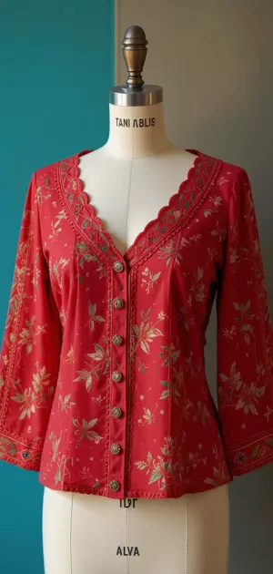 Red floral blouse with a button-down front and scalloped lace edging.