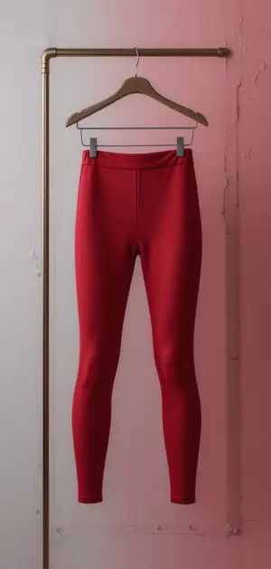 Red leggings displayed on a hanger with a dramatic shadow effect.