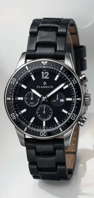 A refined black chronograph watch featuring a sleek black dial and leather strap.