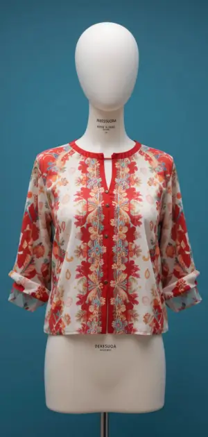 White silk blouse with red floral prints and a stylish relaxed fit.