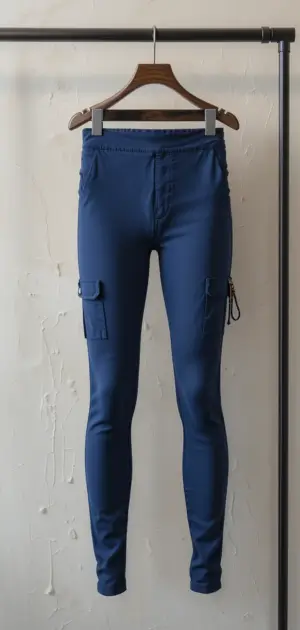 High-waisted navy cargo leggings featuring multiple side pockets.
