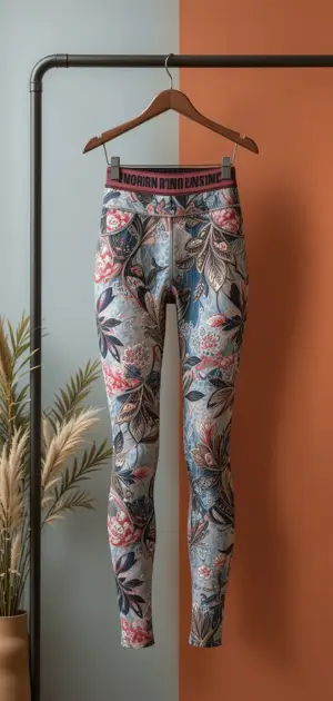 Grey leggings with intricate floral designs and a sporty waistband.