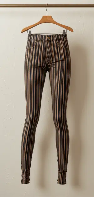 High-rise striped leggings with black and beige vertical stripes.