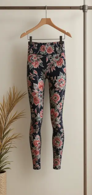 Black leggings featuring large pink flowers and green botanical prints.