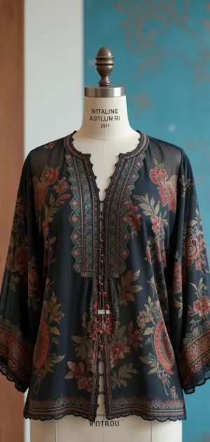 A sheer black blouse featuring colorful floral patterns and detailed embroidery, ideal for a bohemian look.