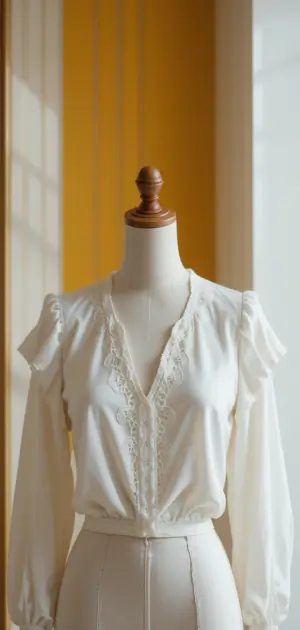 White long-sleeve blouse with lace embroidery and ruffled shoulder accents.