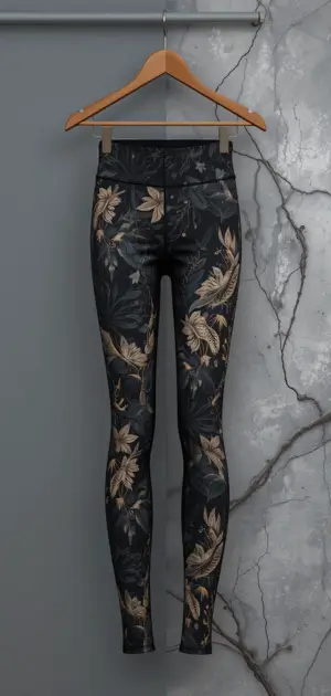 Black leggings with golden botanical patterns, perfect for winter style.